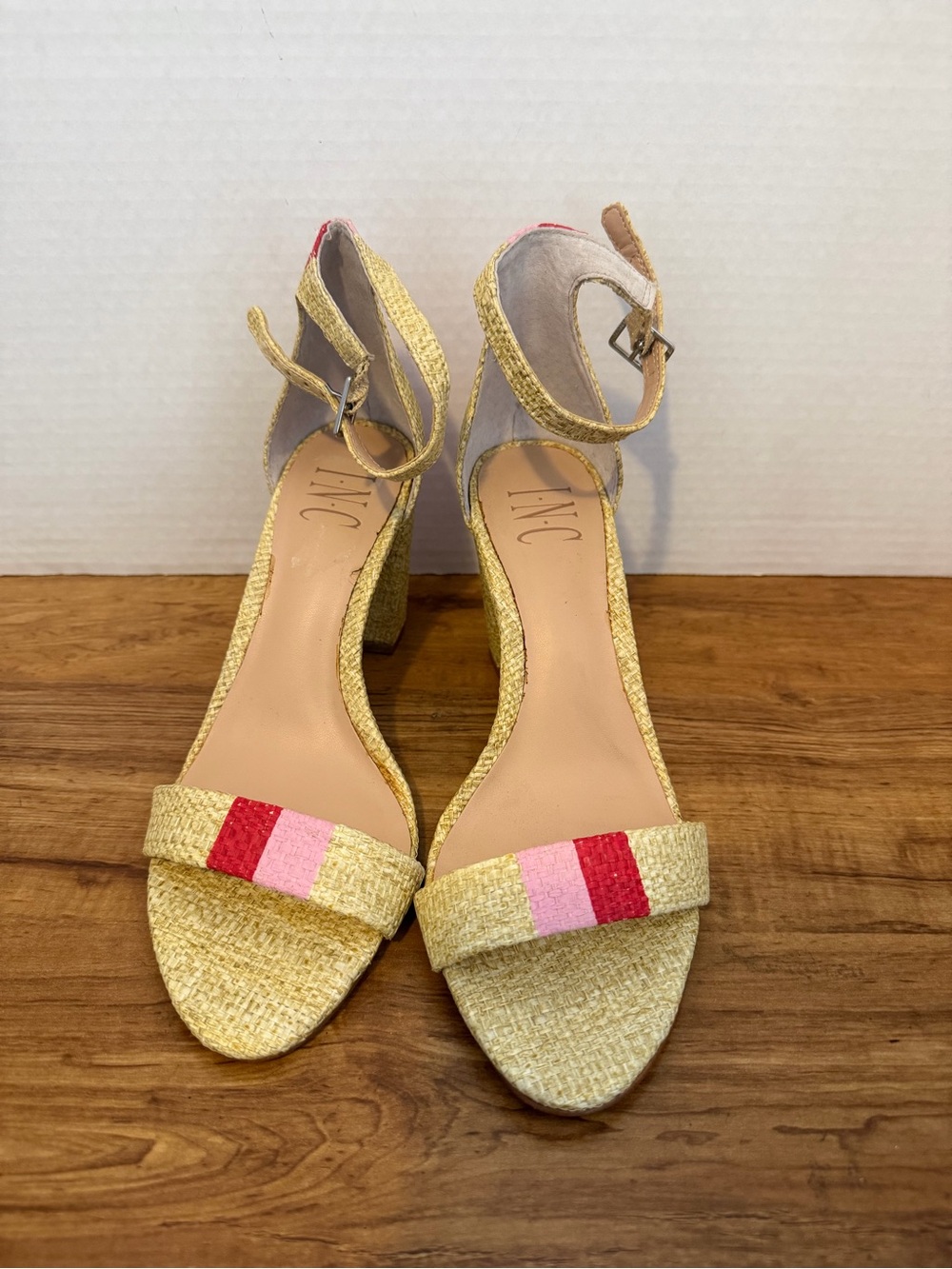 INC Women’s Yellow Woven Block Heel Sandals with Pink & Red Accent